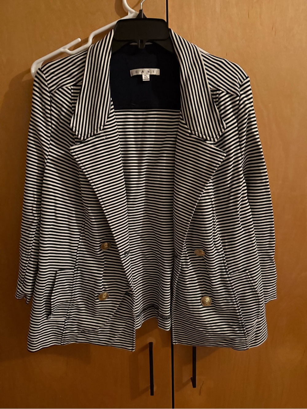 CAbi navy and White Striped Double-Breasted Blazer